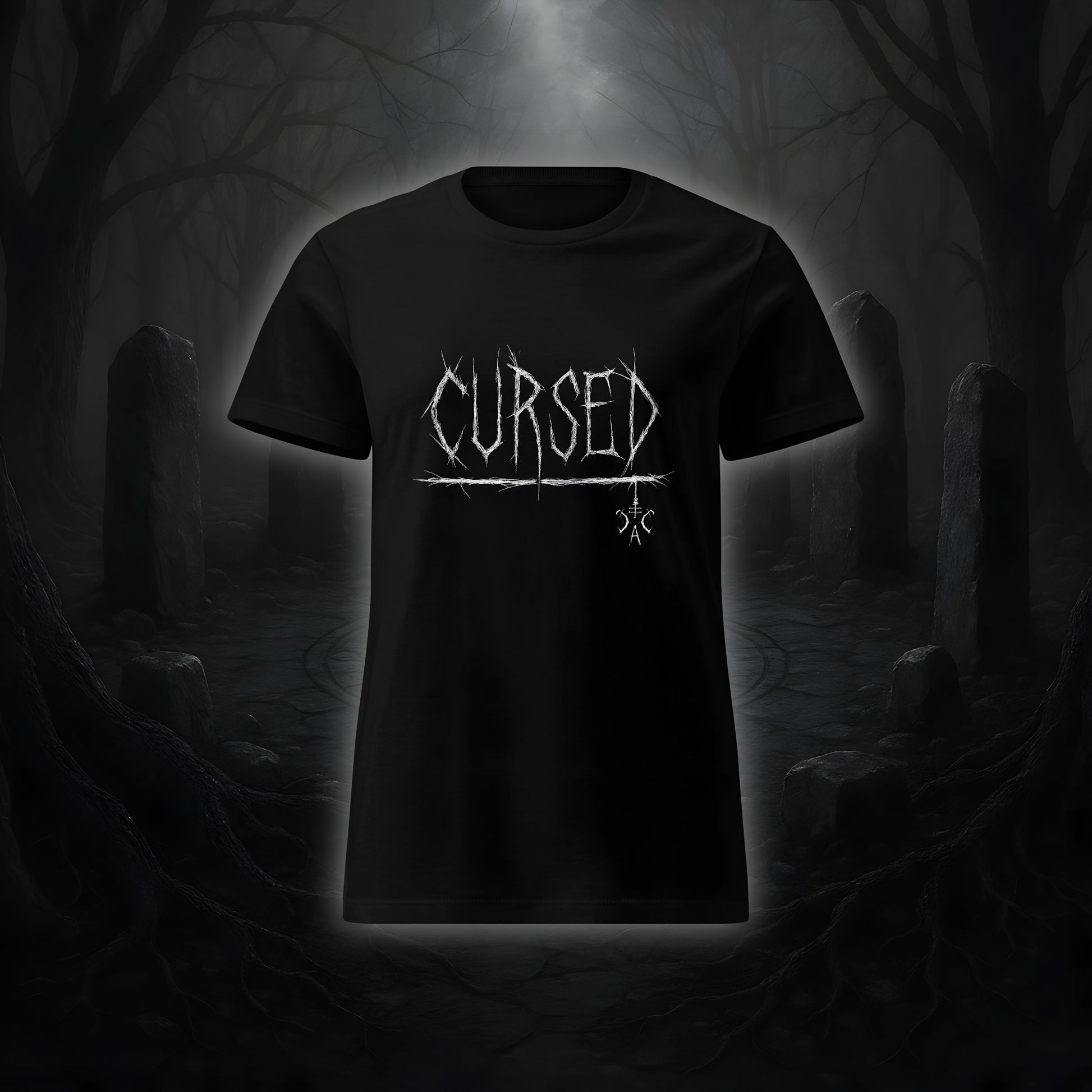 Schwarzes tailliertes Damen-T-Shirt mit weißem Cultural Carnage Statement „CURSED“ im Attitude-Design, 100 % Baumwolle, taillierter Schnitt.