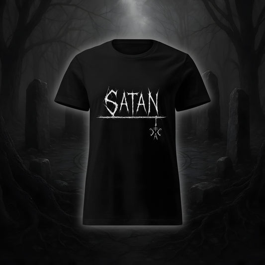 Schwarzes tailliertes Damen-T-Shirt mit weißem Cultural Carnage Statement „SATAN“ im Attitude-Design, 100 % Baumwolle, taillierter Schnitt.
