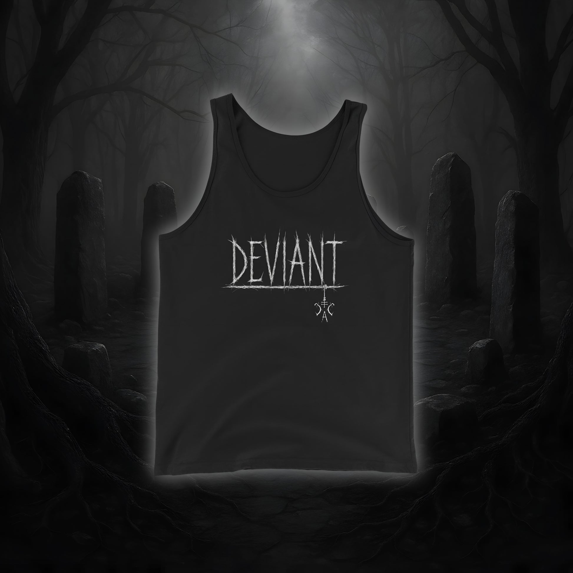 Schwarzes Tanktop mit weißem Cultural Carnage Statement „DEVIANT“ im Attitude-Design, lockerer Schnitt, 100 % Baumwolle.