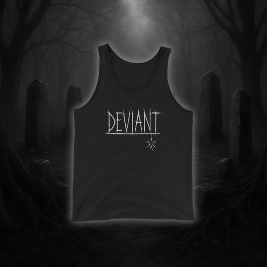 Schwarzes Tanktop mit weißem Cultural Carnage Statement „DEVIANT“ im Attitude-Design, lockerer Schnitt, 100 % Baumwolle.