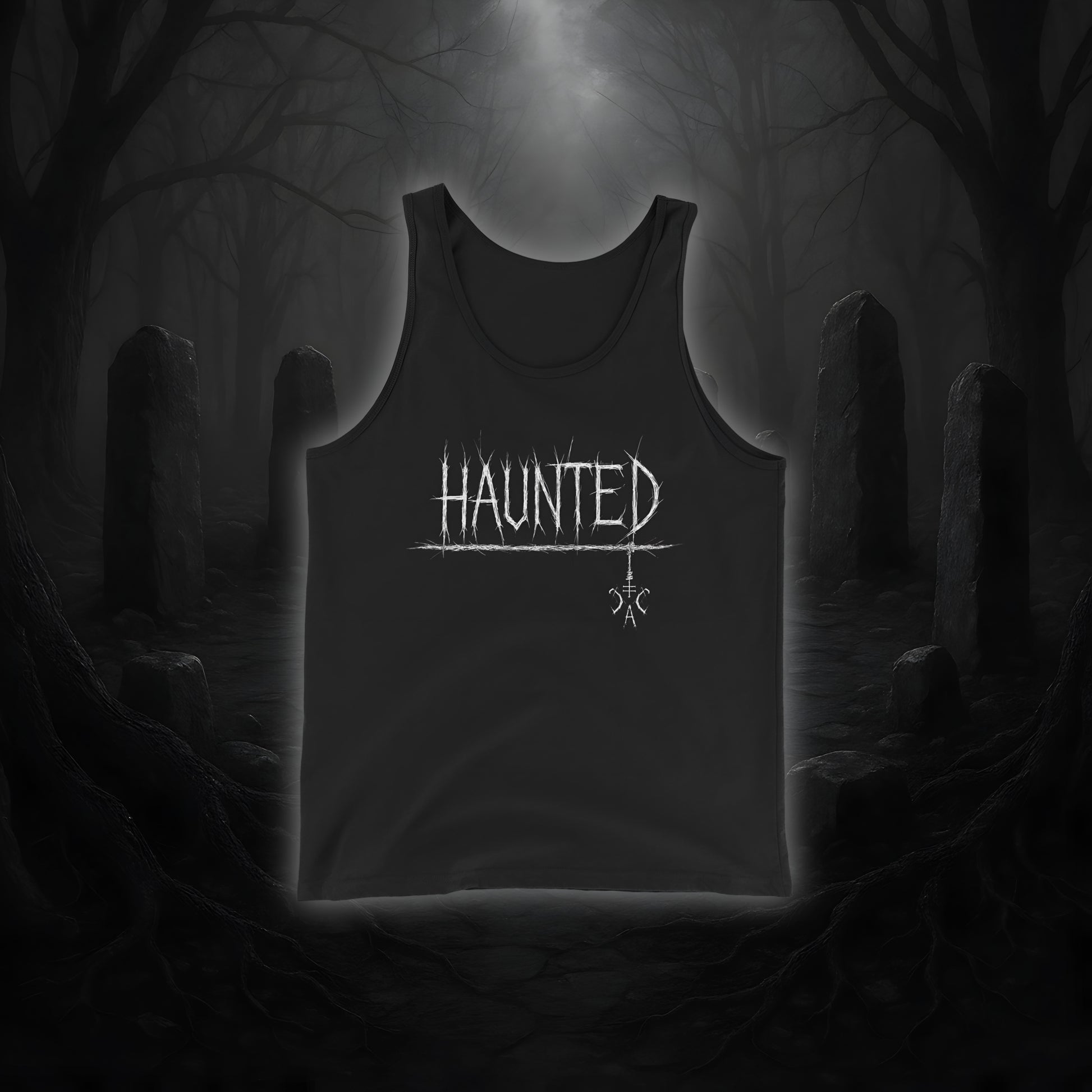 Schwarzes Tanktop mit weißem Cultural Carnage Statement „HAUNTED“ im Attitude-Design, lockerer Schnitt, 100 % Baumwolle.