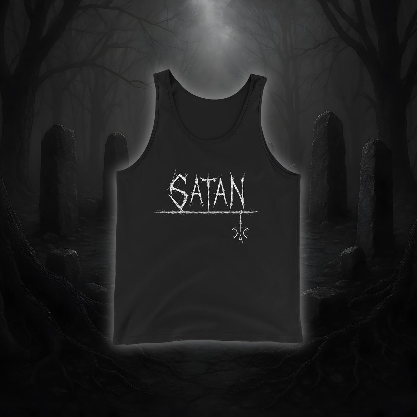 Schwarzes Tanktop mit weißem Cultural Carnage Statement „SATAN“ im Attitude-Design, lockerer Schnitt, 100 % Baumwolle.