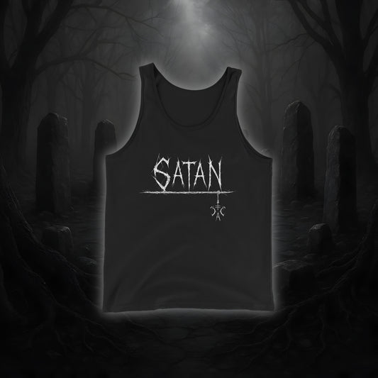 Schwarzes Tanktop mit weißem Cultural Carnage Statement „SATAN“ im Attitude-Design, lockerer Schnitt, 100 % Baumwolle.