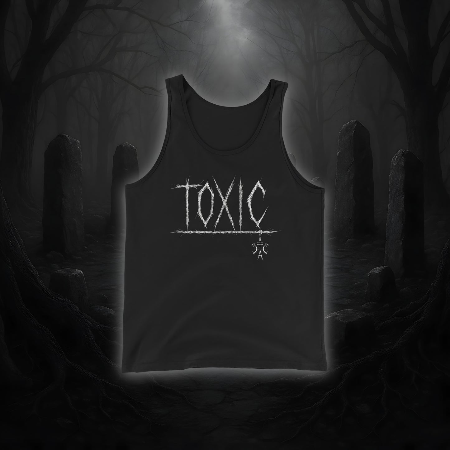 Schwarzes Tanktop mit weißem Cultural Carnage Statement „TOXIC“ im Attitude-Design, lockerer Schnitt, 100 % Baumwolle.