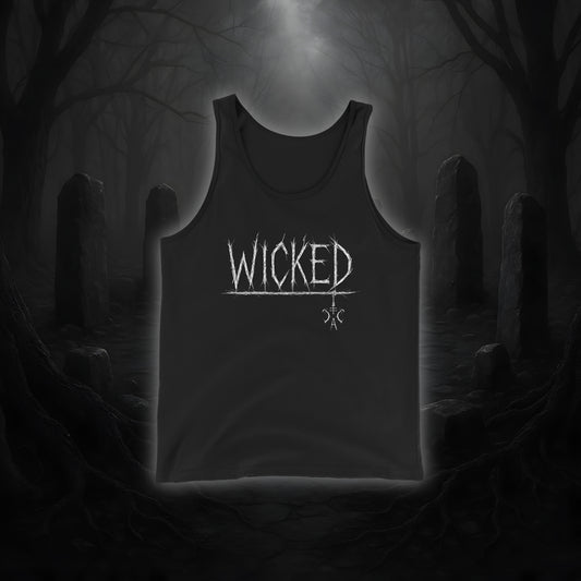 Schwarzes Tanktop mit weißem Cultural Carnage Statement „WICKED“ im Attitude-Design, lockerer Schnitt, 100 % Baumwolle.