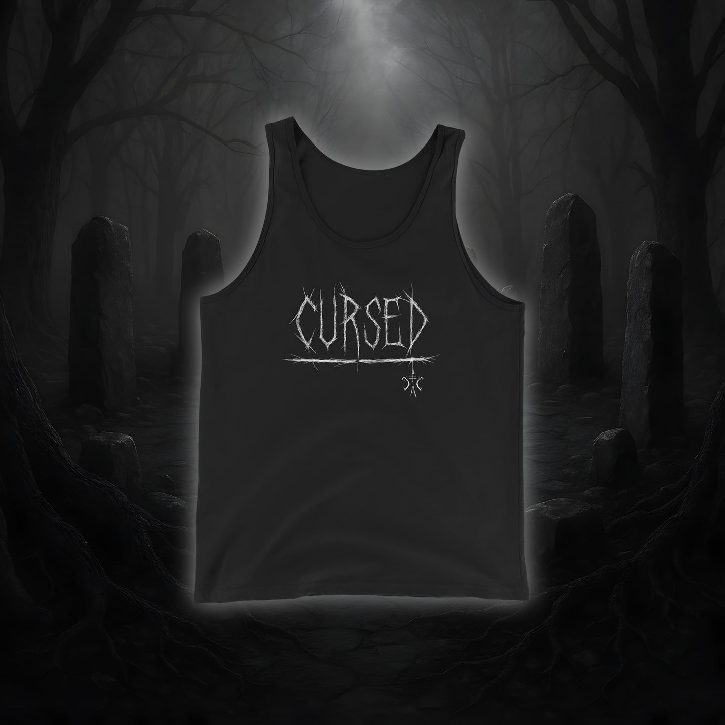 Schwarzes Tanktop mit weißem Cultural Carnage Statement „CURSED“ im Attitude-Design, lockerer Schnitt, 100 % Baumwolle.