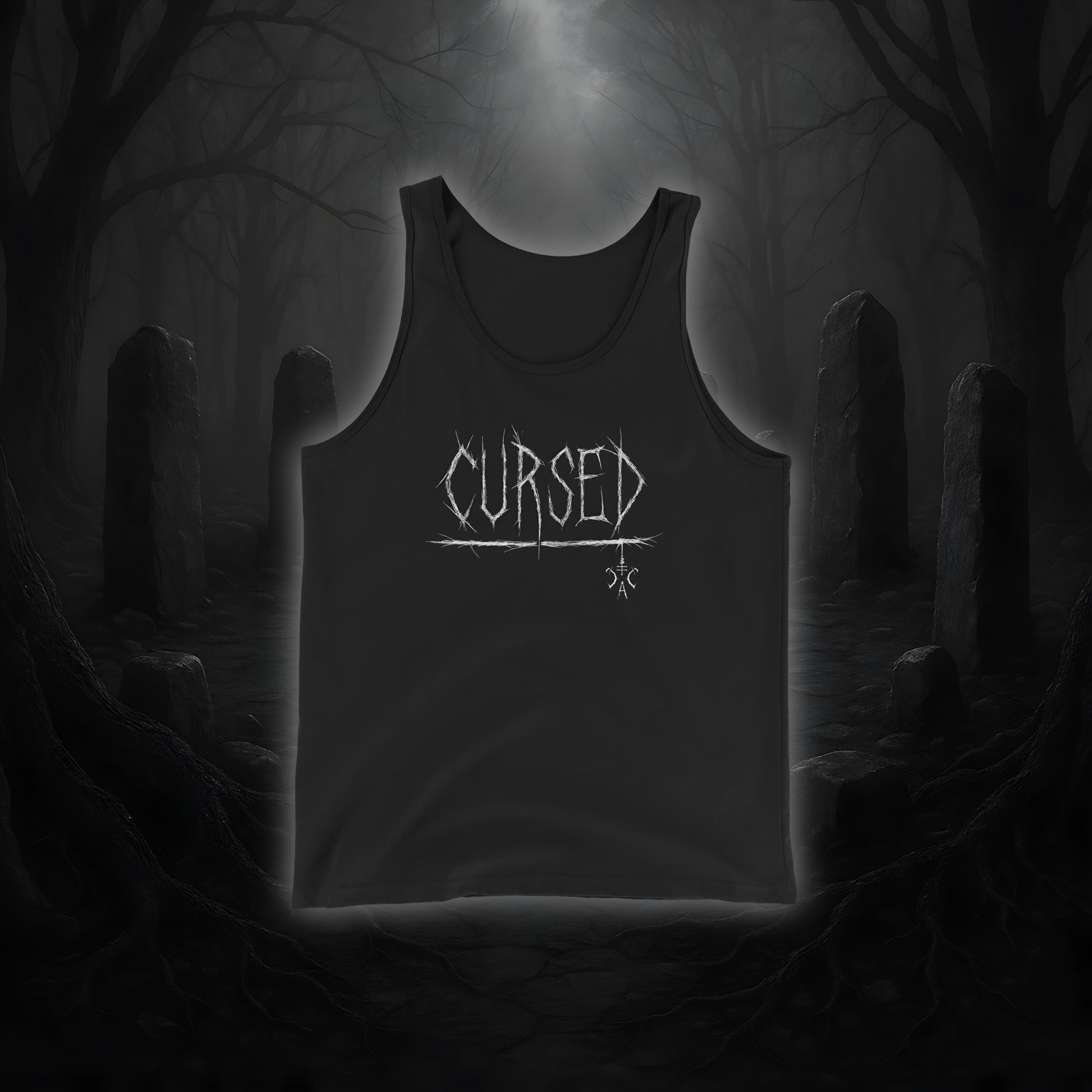 Schwarzes Tanktop mit weißem Cultural Carnage Statement „CURSED“ im Attitude-Design, lockerer Schnitt, 100 % Baumwolle.