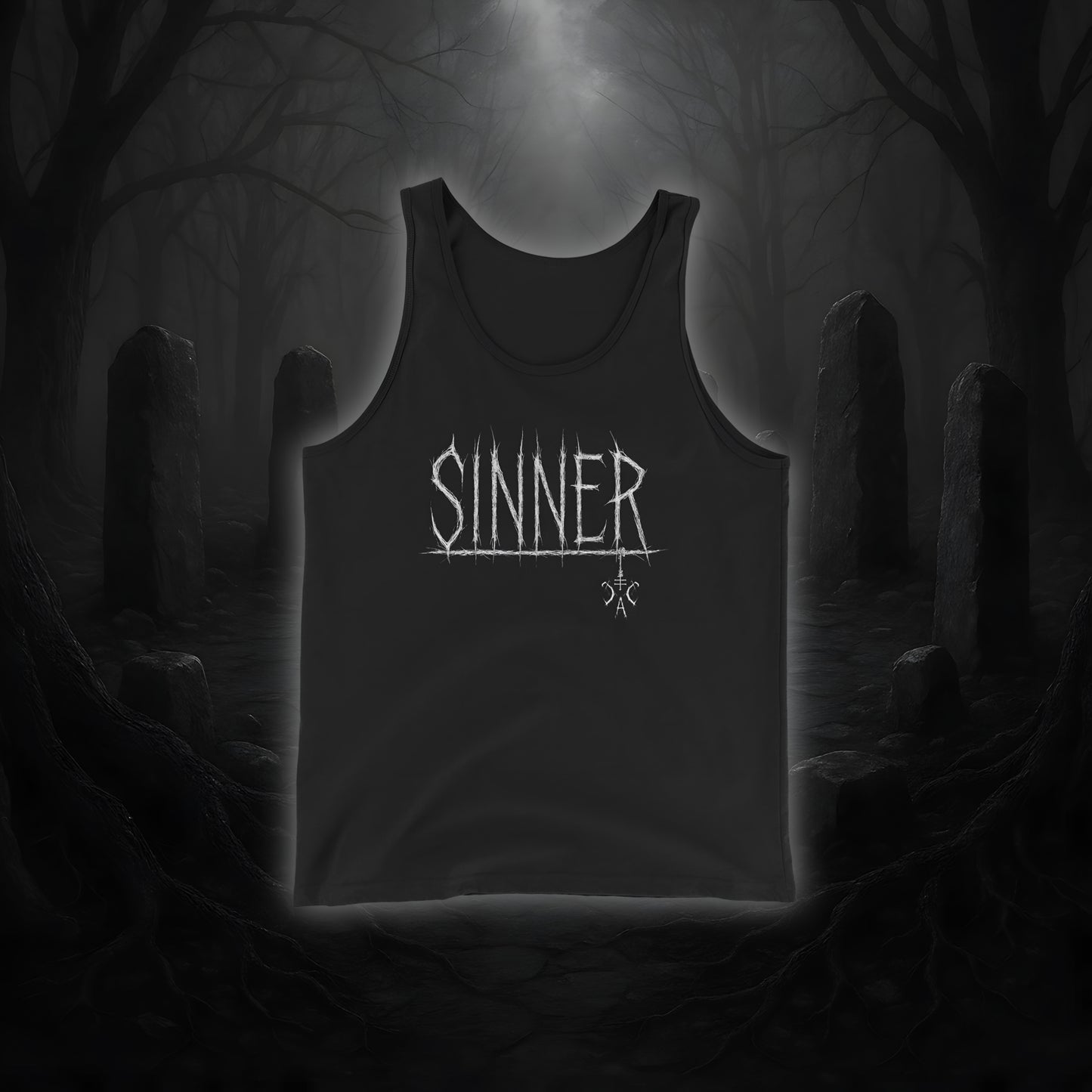 Schwarzes Tanktop mit weißem Cultural Carnage Statement „SINNER“ im Attitude-Design, lockerer Schnitt, 100 % Baumwolle.