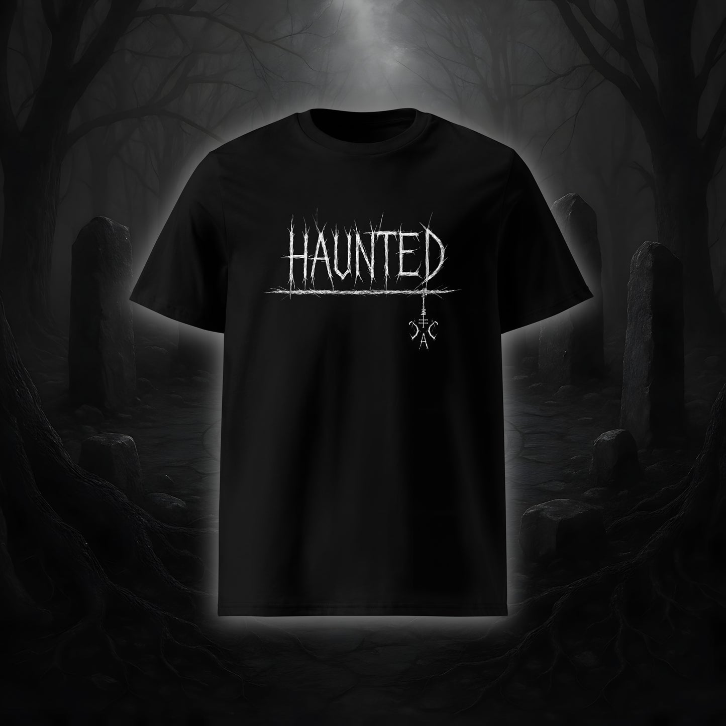 Schwarzes Unisex-T-Shirt mit weißem Cultural Carnage Statement „HAUNTED“ im Attitude-Design, 100 % Bio-Baumwolle, Medium Fit.