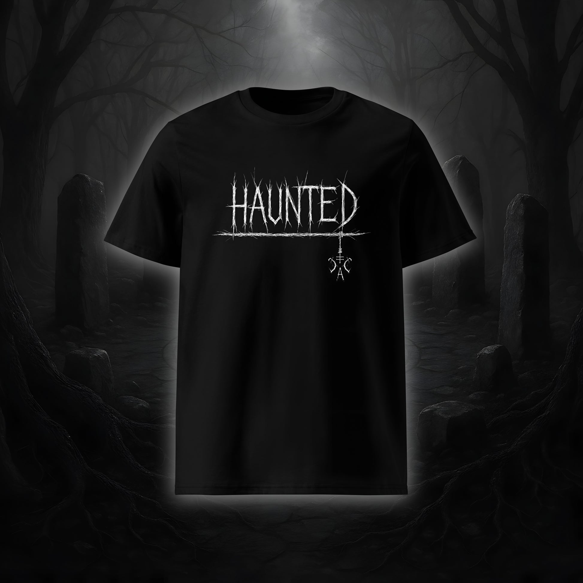 Schwarzes Unisex-T-Shirt mit weißem Cultural Carnage Statement „HAUNTED“ im Attitude-Design, 100 % Bio-Baumwolle, Medium Fit.
