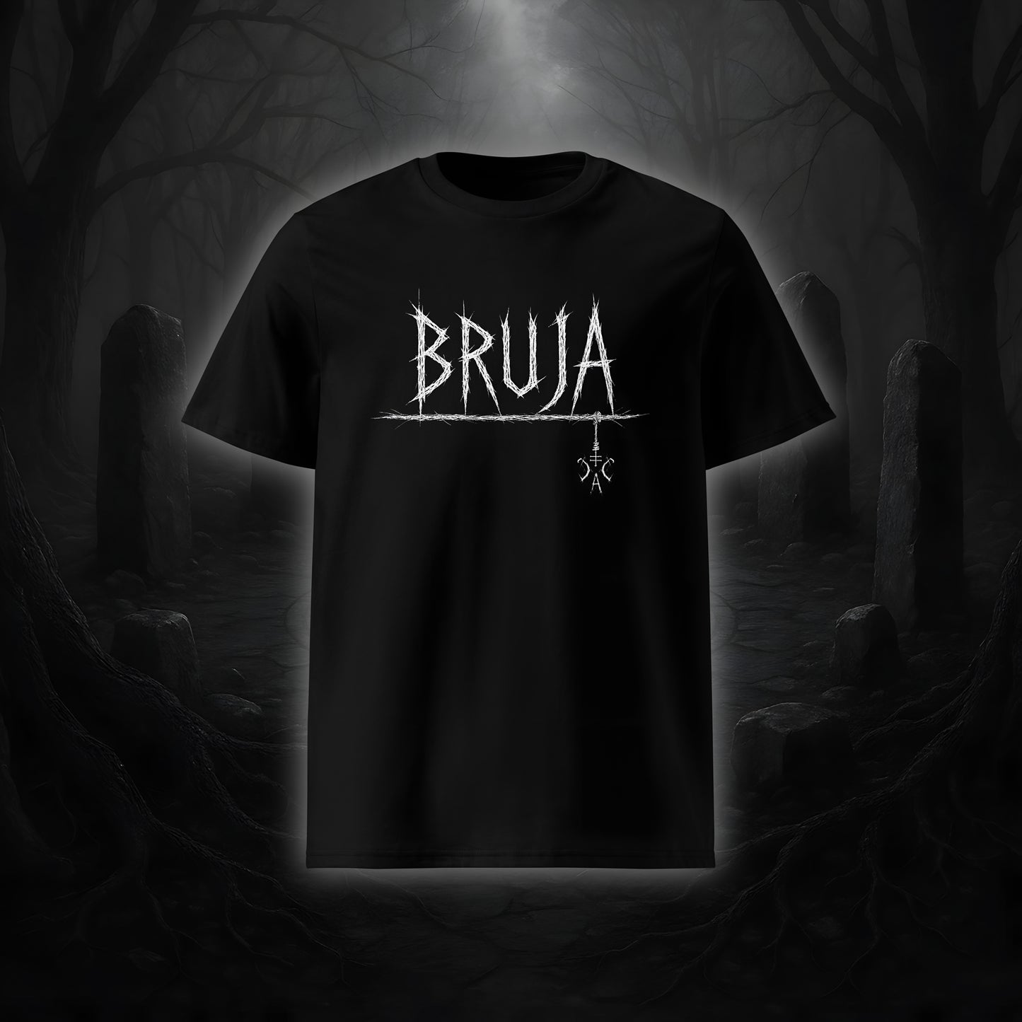 Schwarzes Unisex-T-Shirt mit weißem Cultural Carnage Statement „BRUJA“ im Attitude-Design, 100 % Bio-Baumwolle, Medium Fit.
