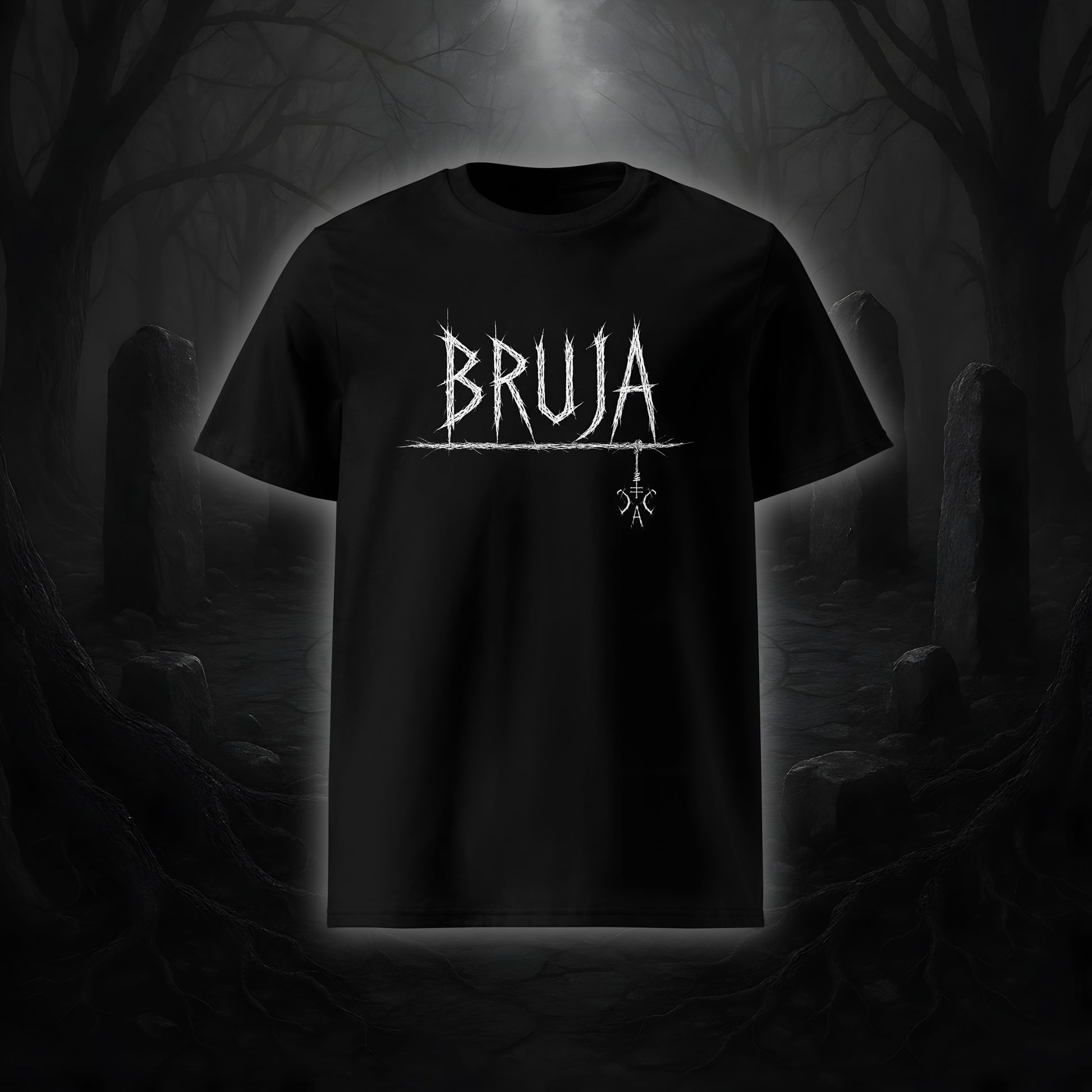 Schwarzes Unisex-T-Shirt mit weißem Cultural Carnage Statement „BRUJA“ im Attitude-Design, 100 % Bio-Baumwolle, Medium Fit.