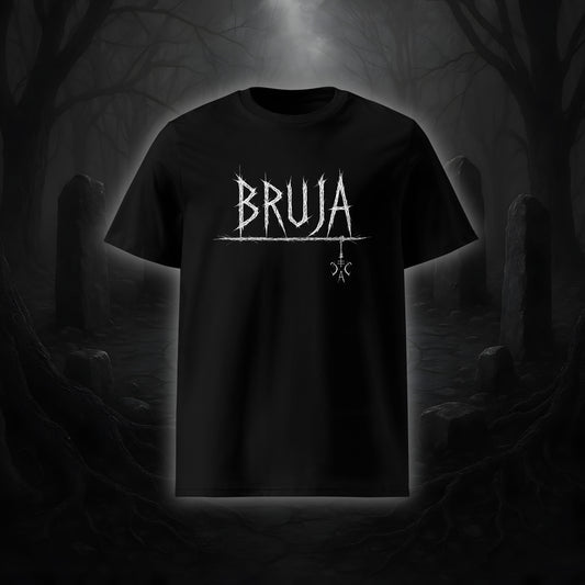 Schwarzes Unisex-T-Shirt mit weißem Cultural Carnage Statement „BRUJA“ im Attitude-Design, 100 % Bio-Baumwolle, Medium Fit.