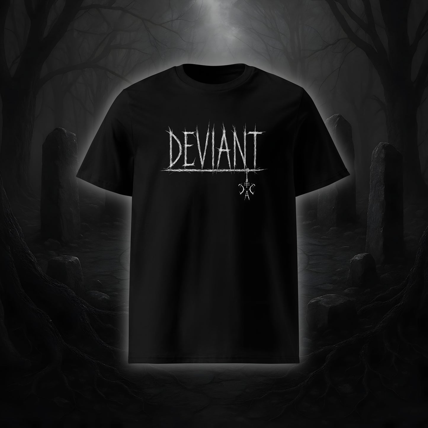 Schwarzes Unisex-T-Shirt mit weißem Cultural Carnage Statement „DEVIANT“ im Attitude-Design, 100 % Bio-Baumwolle, Medium Fit.