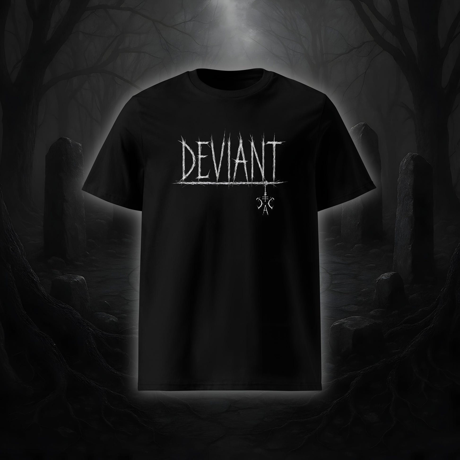 Schwarzes Unisex-T-Shirt mit weißem Cultural Carnage Statement „DEVIANT“ im Attitude-Design, 100 % Bio-Baumwolle, Medium Fit.
