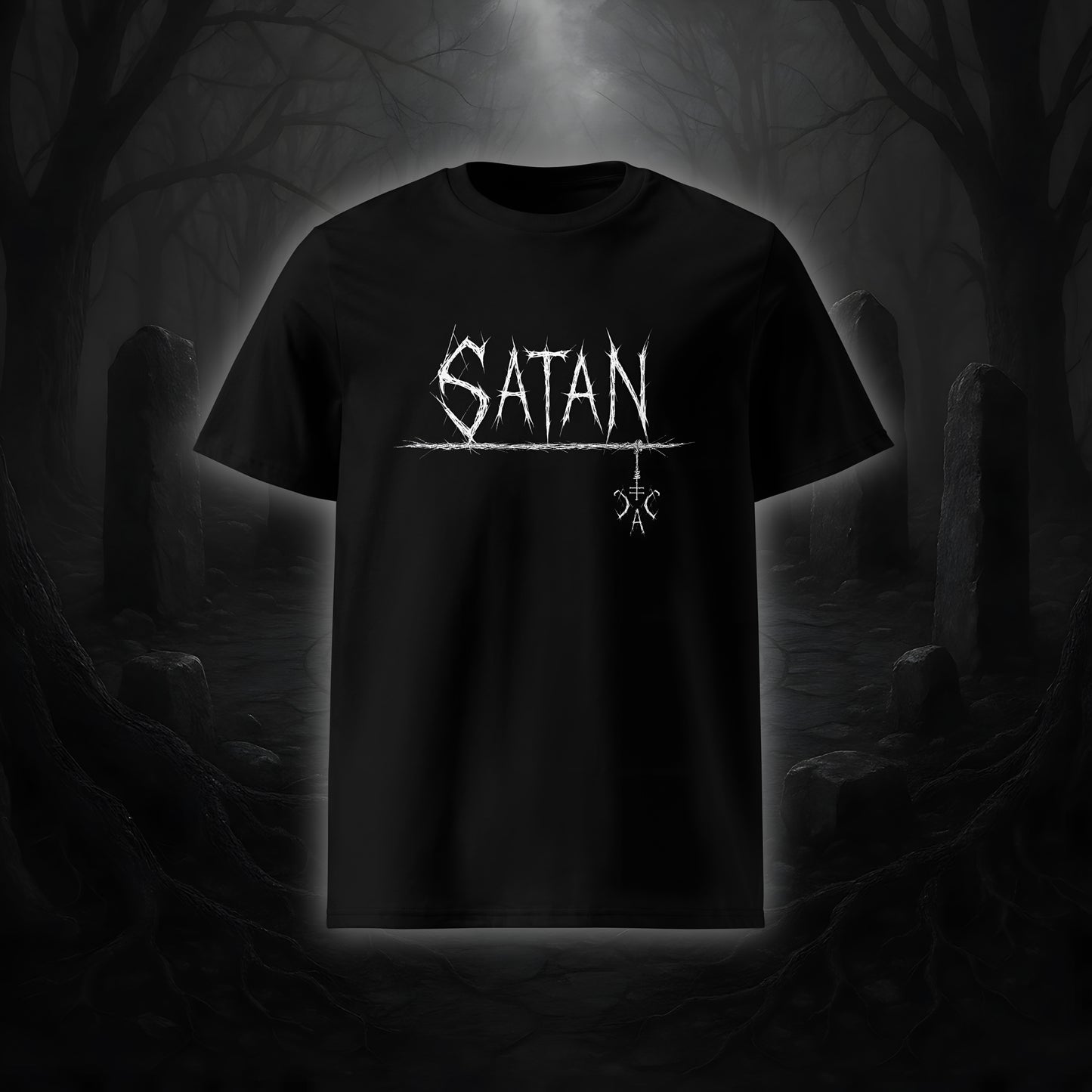 Schwarzes Unisex-T-Shirt mit weißem Cultural Carnage Statement „SATAN“ im Attitude-Design, 100 % Bio-Baumwolle, Medium Fit.