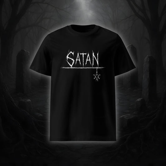 Schwarzes Unisex-T-Shirt mit weißem Cultural Carnage Statement „SATAN“ im Attitude-Design, 100 % Bio-Baumwolle, Medium Fit.