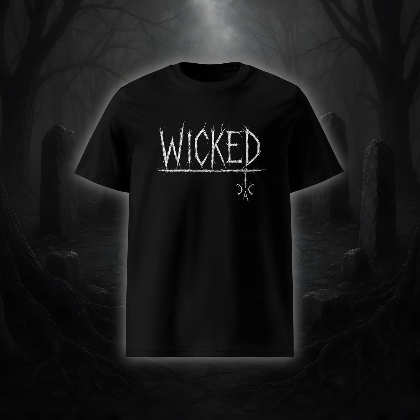 Schwarzes Unisex-T-Shirt mit weißem Cultural Carnage Statement „WICKED“ im Attitude-Design, 100 % Bio-Baumwolle, Medium Fit.