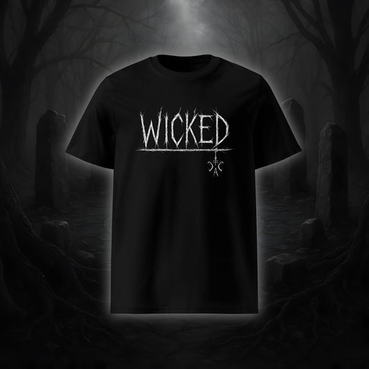 Schwarzes Unisex-T-Shirt mit weißem Cultural Carnage Statement „WICKED“ im Attitude-Design, 100 % Bio-Baumwolle, Medium Fit.
