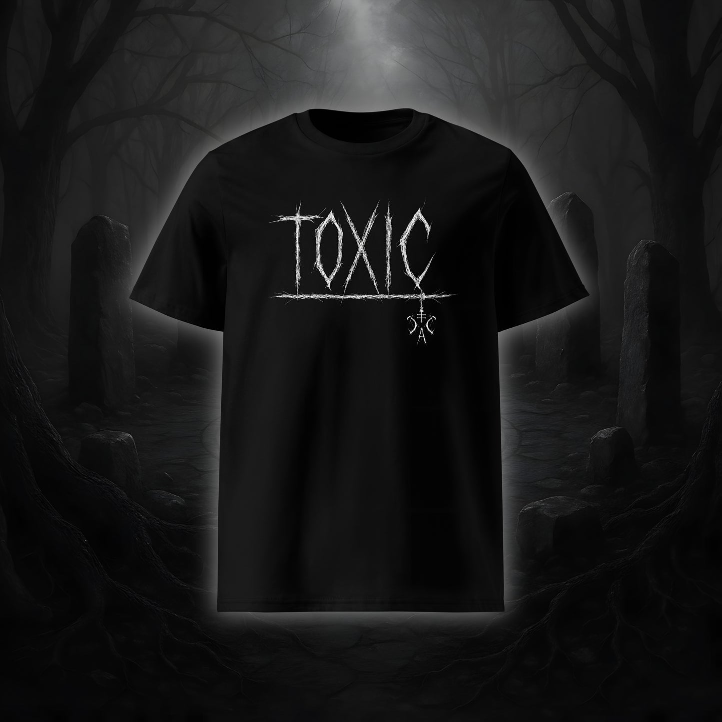 Schwarzes Unisex-T-Shirt mit weißem Cultural Carnage Statement „TOXIC“ im Attitude-Design, 100 % Bio-Baumwolle, Medium Fit.