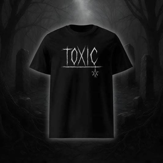 Schwarzes Unisex-T-Shirt mit weißem Cultural Carnage Statement „TOXIC“ im Attitude-Design, 100 % Bio-Baumwolle, Medium Fit.