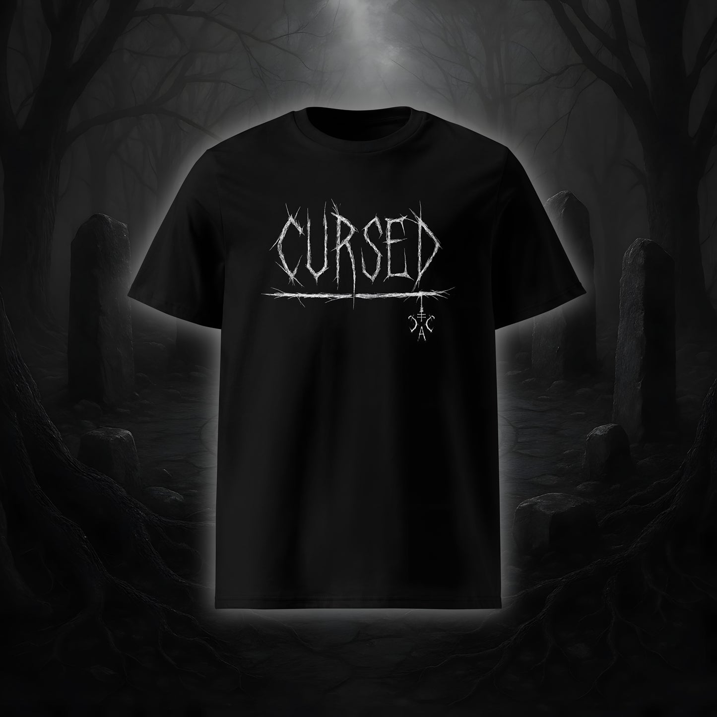 Schwarzes Unisex-T-Shirt mit weißem Cultural Carnage Statement „CURSED“ im Attitude-Design, 100 % Bio-Baumwolle, Medium Fit.