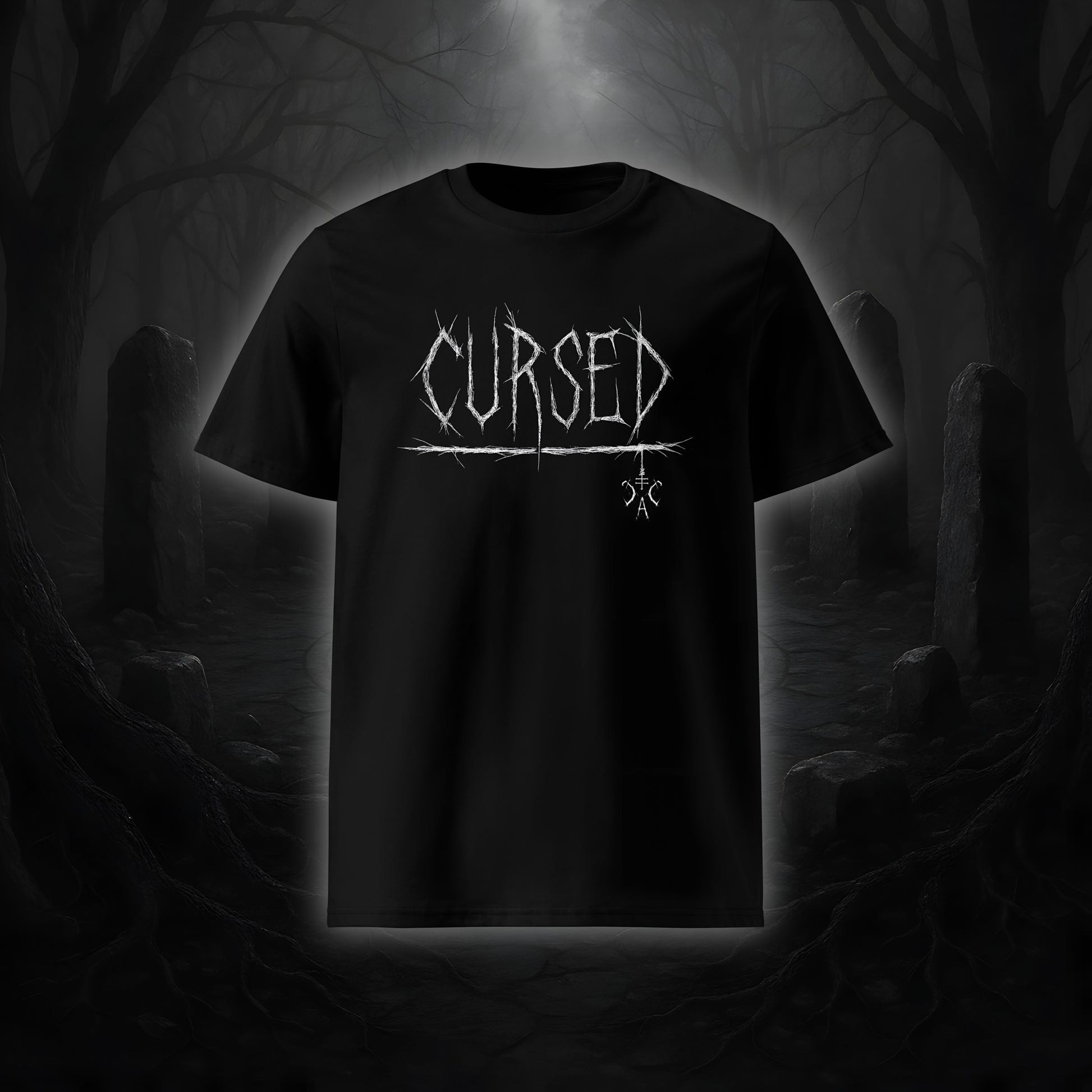 Schwarzes Unisex-T-Shirt mit weißem Cultural Carnage Statement „CURSED“ im Attitude-Design, 100 % Bio-Baumwolle, Medium Fit.