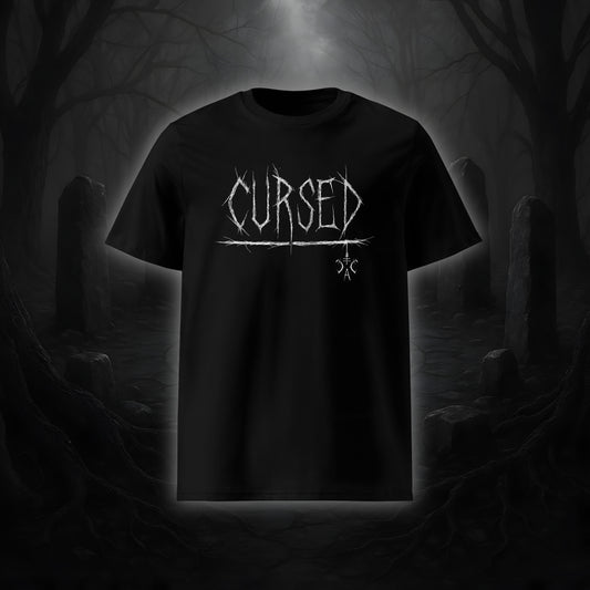 Schwarzes Unisex-T-Shirt mit weißem Cultural Carnage Statement „CURSED“ im Attitude-Design, 100 % Bio-Baumwolle, Medium Fit.
