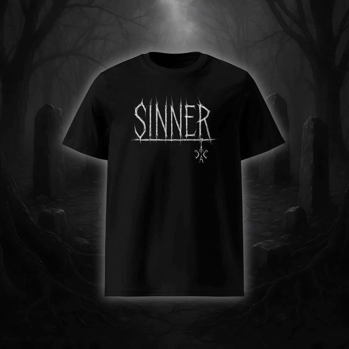 Schwarzes Unisex-T-Shirt mit weißem Cultural Carnage Statement „SINNER“ im Attitude-Design, 100 % Bio-Baumwolle, Medium Fit.