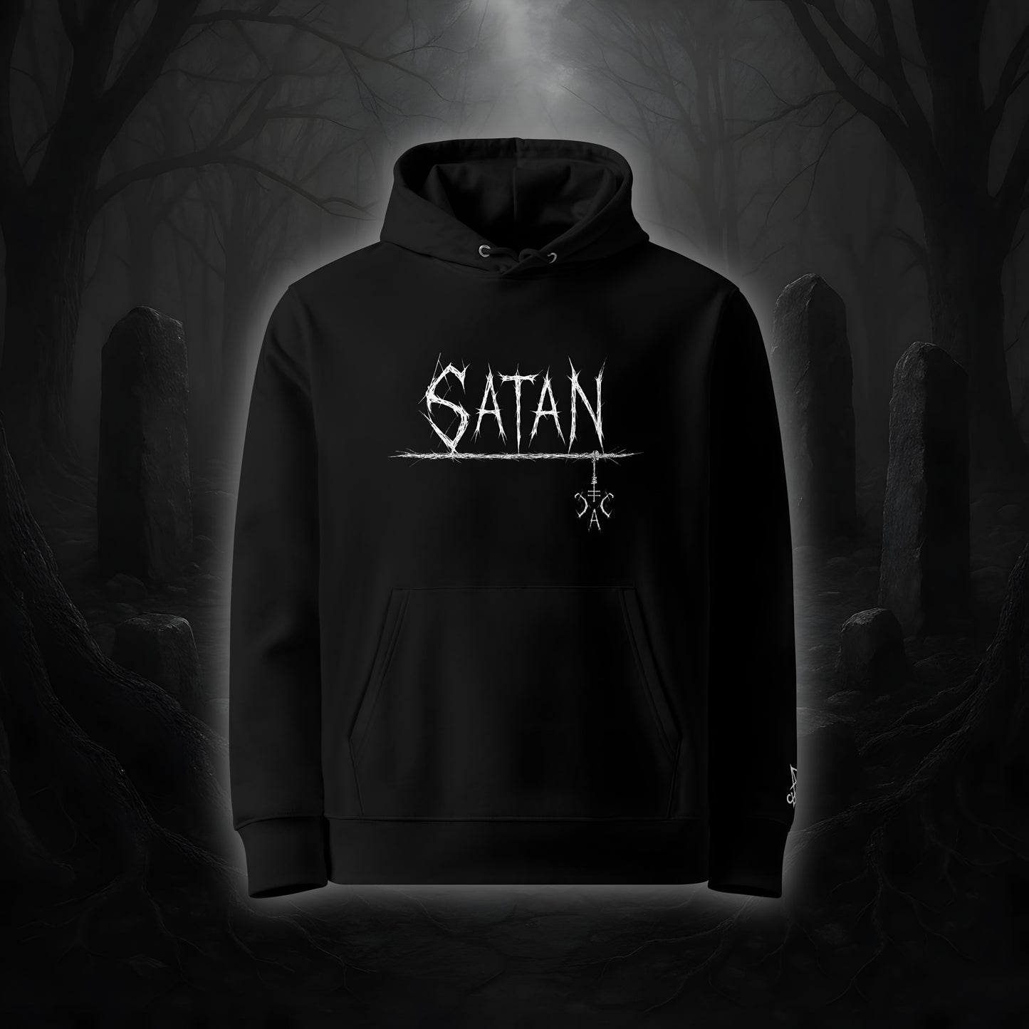 Schwarzer Hoodie mit weißem Cultural Carnage Statement „SATAN“ als Frontprint und passendem Ärmelstick-Symbol, reguläre Passform, doppellagige Kapuze.