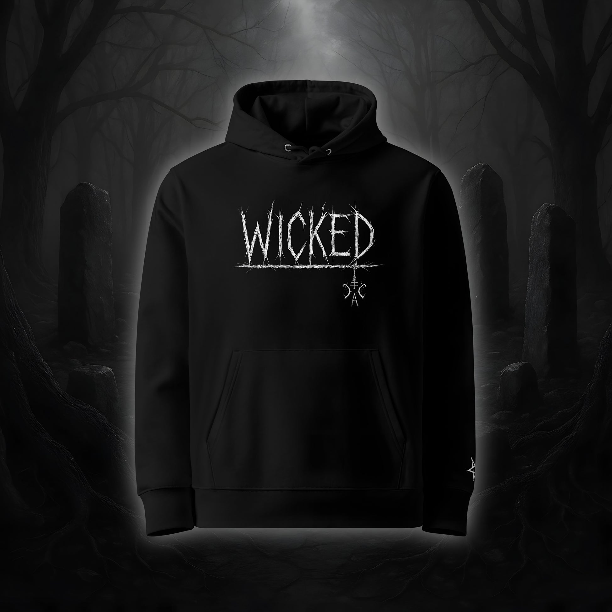 Schwarzer Hoodie mit weißem Cultural Carnage Statement „WICKED“ als Frontprint und passendem Ärmelstick-Symbol, reguläre Passform, doppellagige Kapuze.