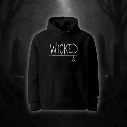 Schwarzer Hoodie mit weißem Cultural Carnage Statement „WICKED“ als Frontprint und passendem Ärmelstick-Symbol, reguläre Passform, doppellagige Kapuze.