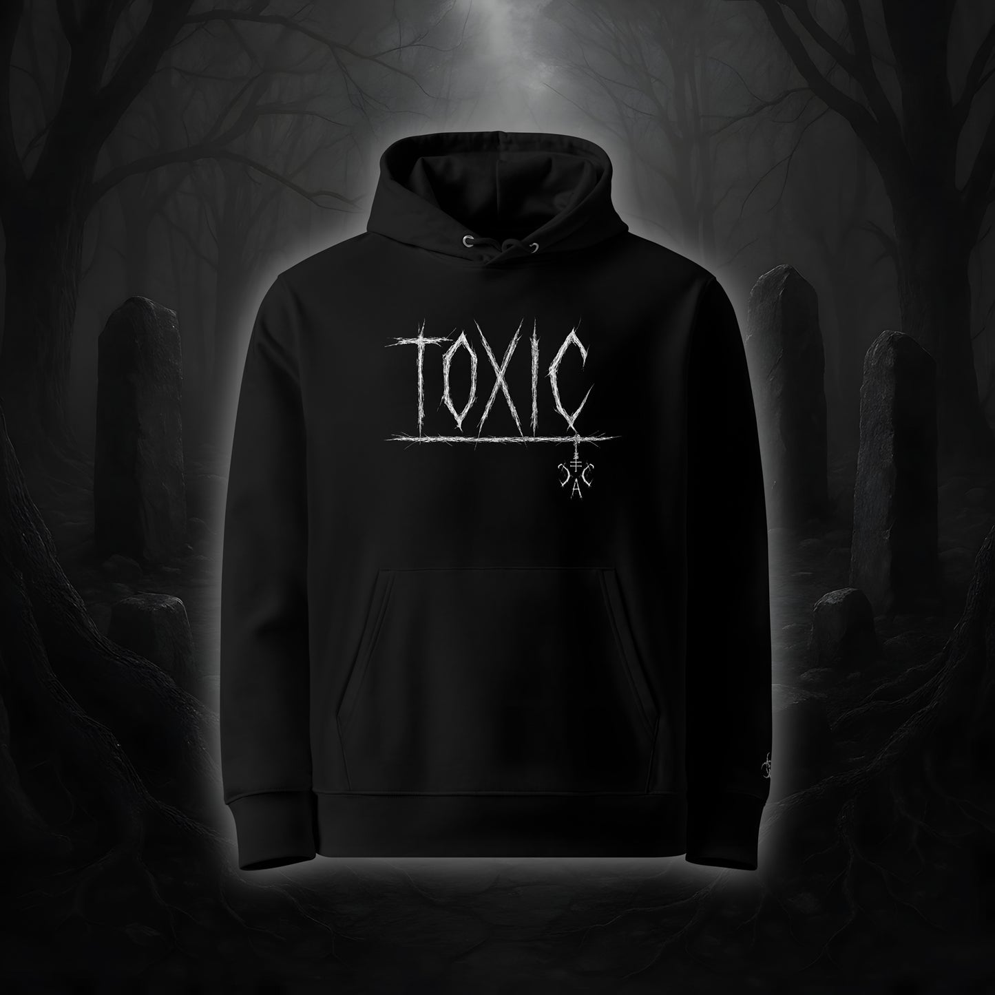 Schwarzer Hoodie mit weißem Cultural Carnage Statement „TOXIC“ als Frontprint und passendem Ärmelstick-Symbol, reguläre Passform, doppellagige Kapuze.