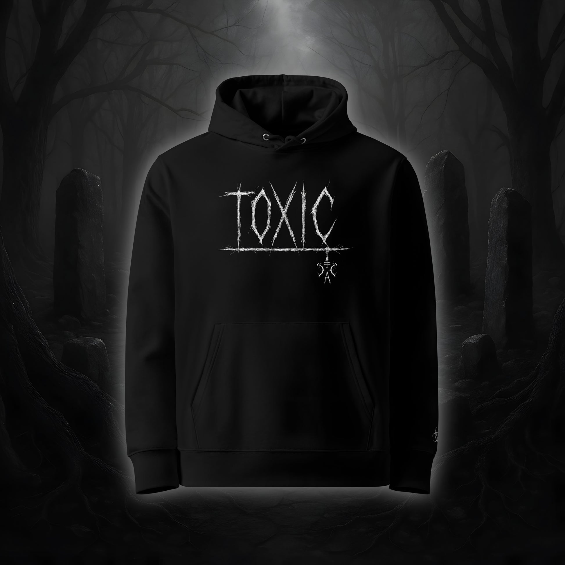 Schwarzer Hoodie mit weißem Cultural Carnage Statement „TOXIC“ als Frontprint und passendem Ärmelstick-Symbol, reguläre Passform, doppellagige Kapuze.
