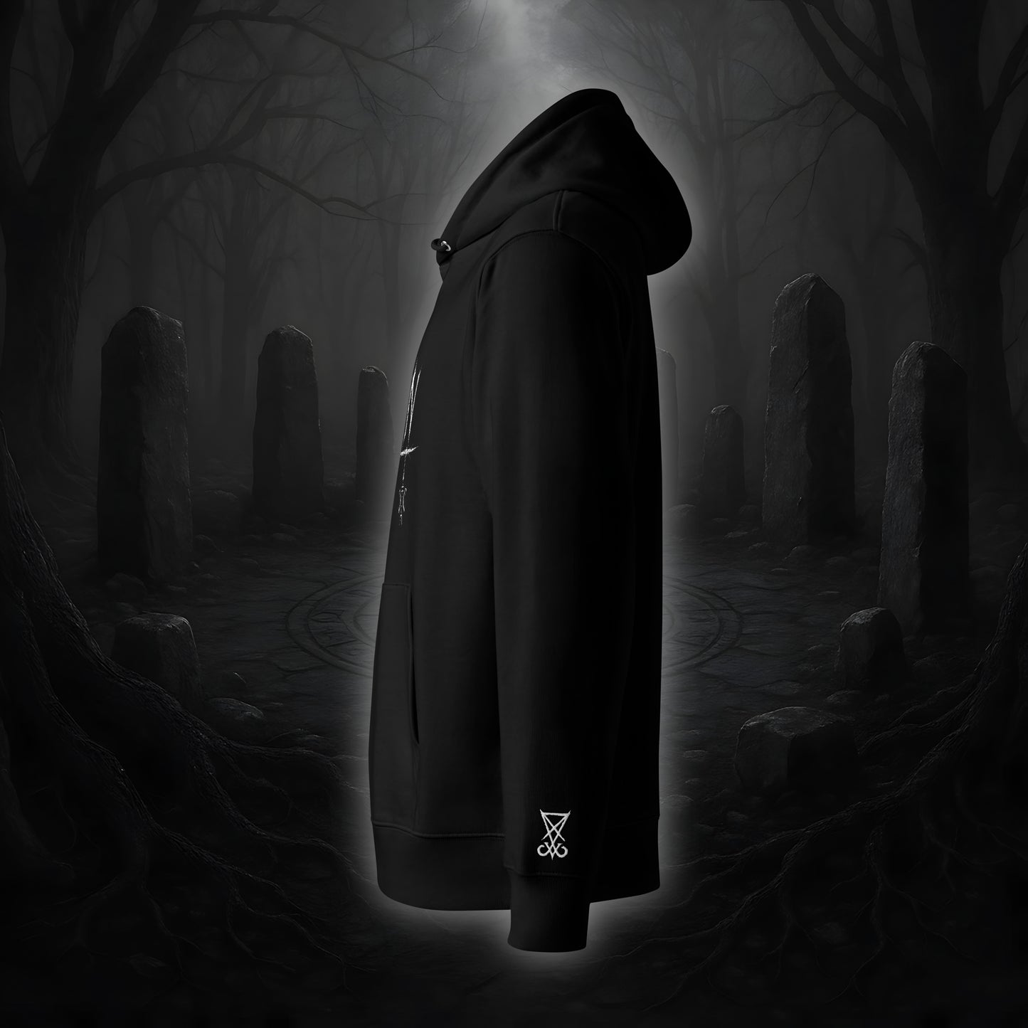 Schwarzer Hoodie mit weißem Cultural Carnage Statement „SATAN“ als Frontprint und passendem Ärmelstick-Symbol, reguläre Passform, doppellagige Kapuze.