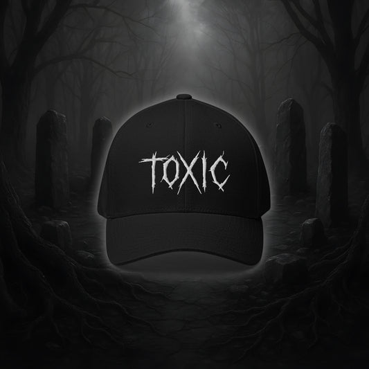 Flexfit Cap TOXIC von Cultural Carnage in Schwarz mit silberner Schirmunterseite, 6-Panel-Struktur und elastischem Stretch-Band.
