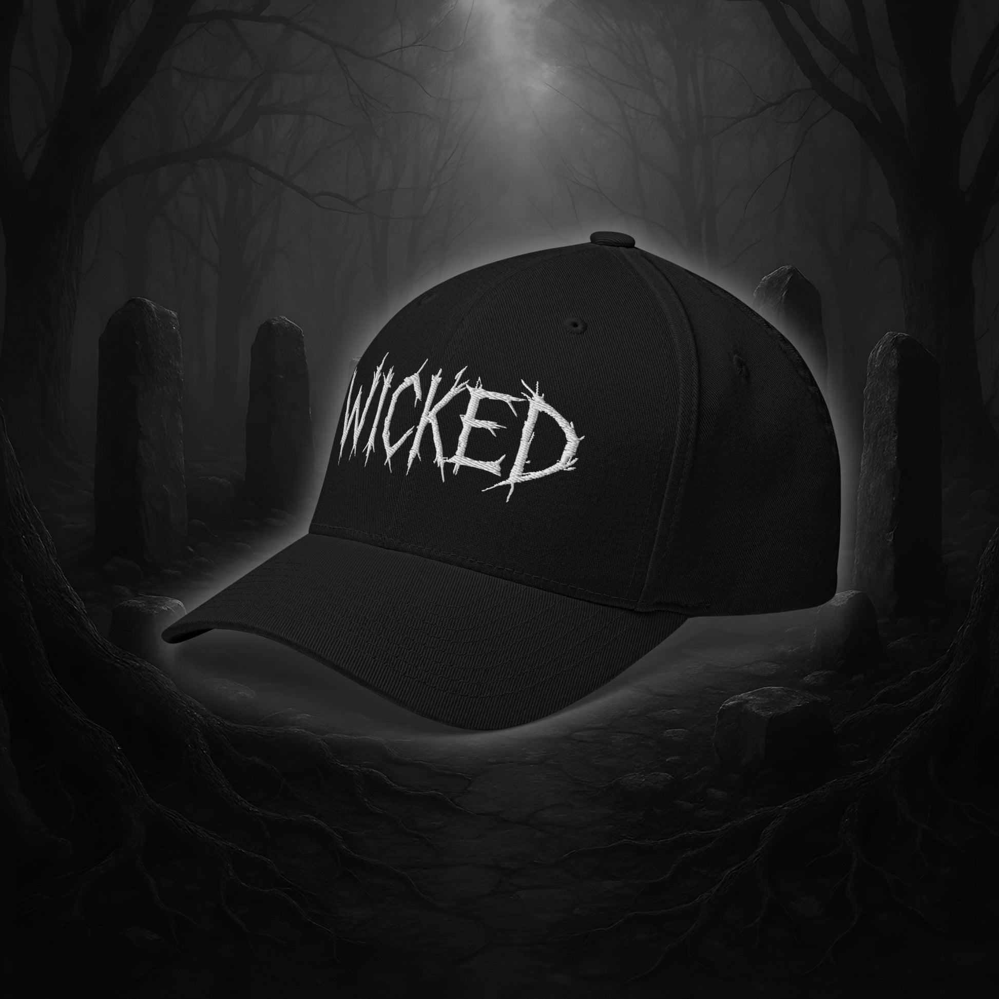 Flexfit Cap WICKED von Cultural Carnage in Schwarz mit silberner Schirmunterseite, 6-Panel-Struktur und elastischem Stretch-Band.