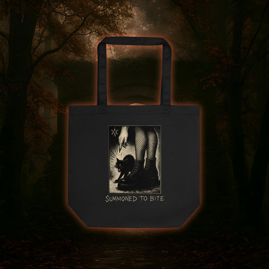 Düsteres Design mit Hexe in Netzstrümpfen und schweren Boots, die eine fauchende schwarze Katze kommandiert – Symbol für weibliche Macht, Kontrolle und dunkle Rebellion.