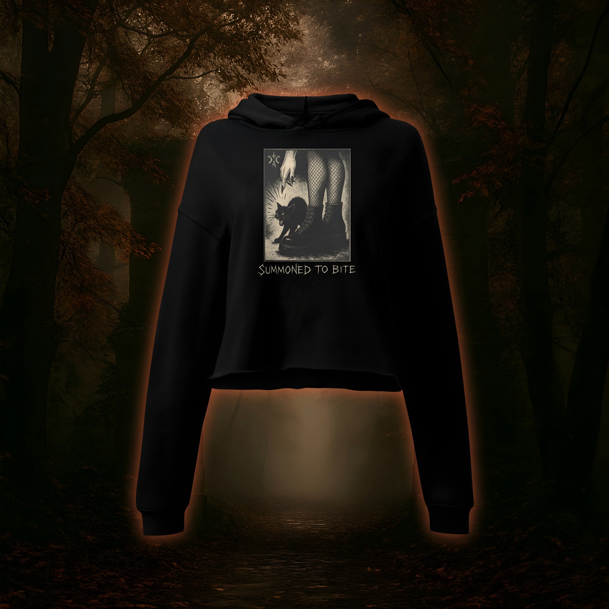 Düsteres Design mit Hexe in Netzstrümpfen und schweren Boots, die eine fauchende schwarze Katze kommandiert – Symbol für weibliche Macht, Kontrolle und dunkle Rebellion.