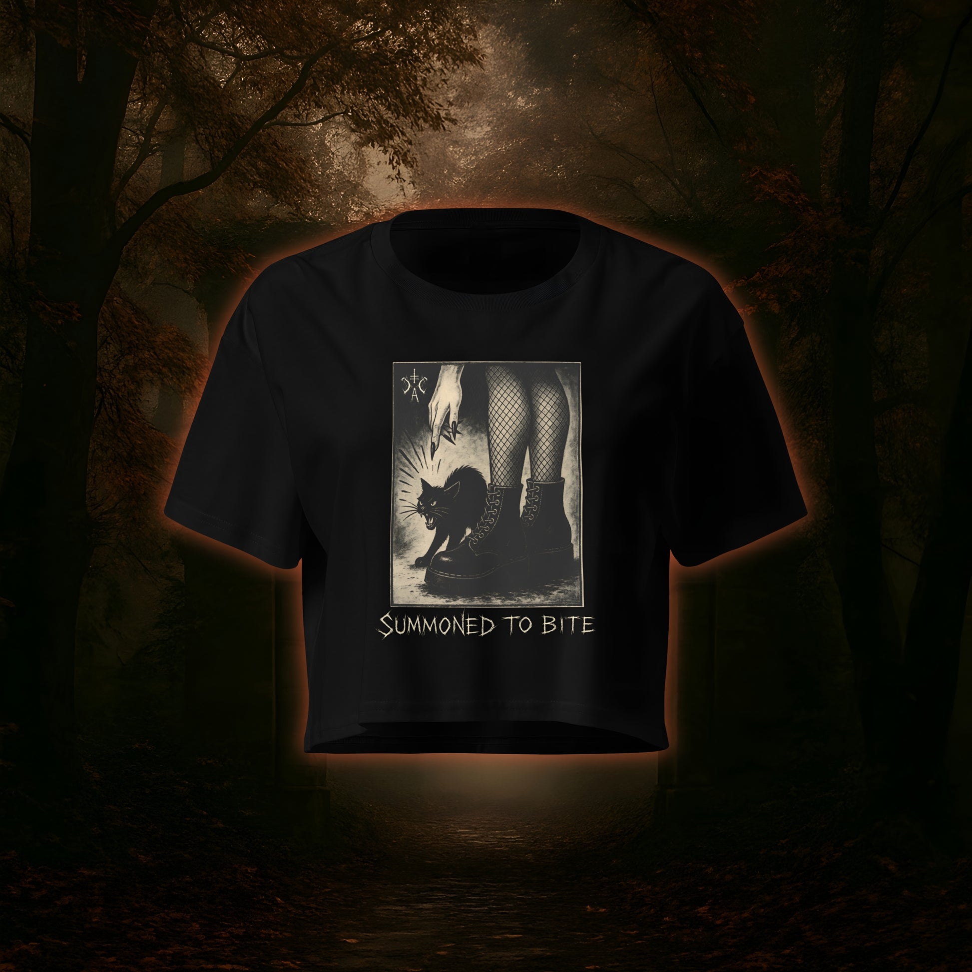 Düsteres Design mit Hexe in Netzstrümpfen und schweren Boots, die eine fauchende schwarze Katze kommandiert – Symbol für weibliche Macht, Kontrolle und dunkle Rebellion.