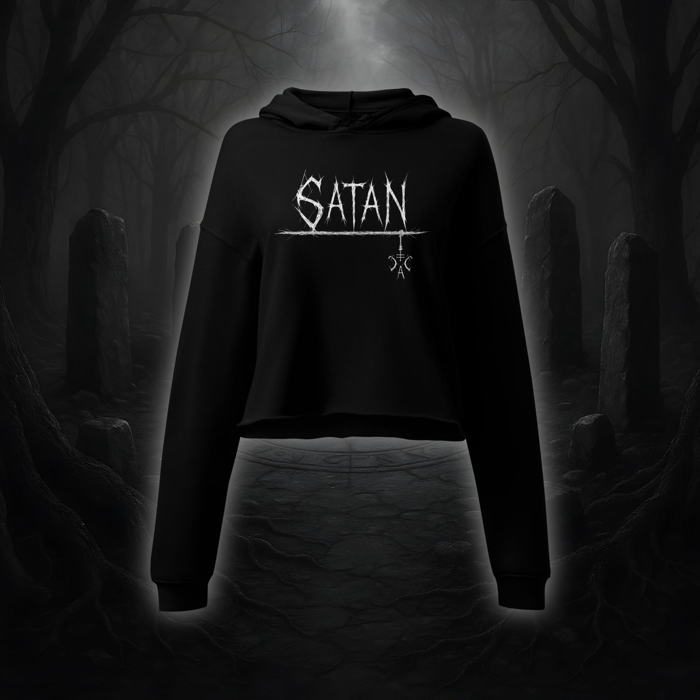 Schwarzer Crop Hoodie mit weißem Cultural Carnage Statement „SATAN“ im Attitude-Design