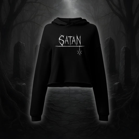 Schwarzer Crop Hoodie mit weißem Cultural Carnage Statement „SATAN“ im Attitude-Design