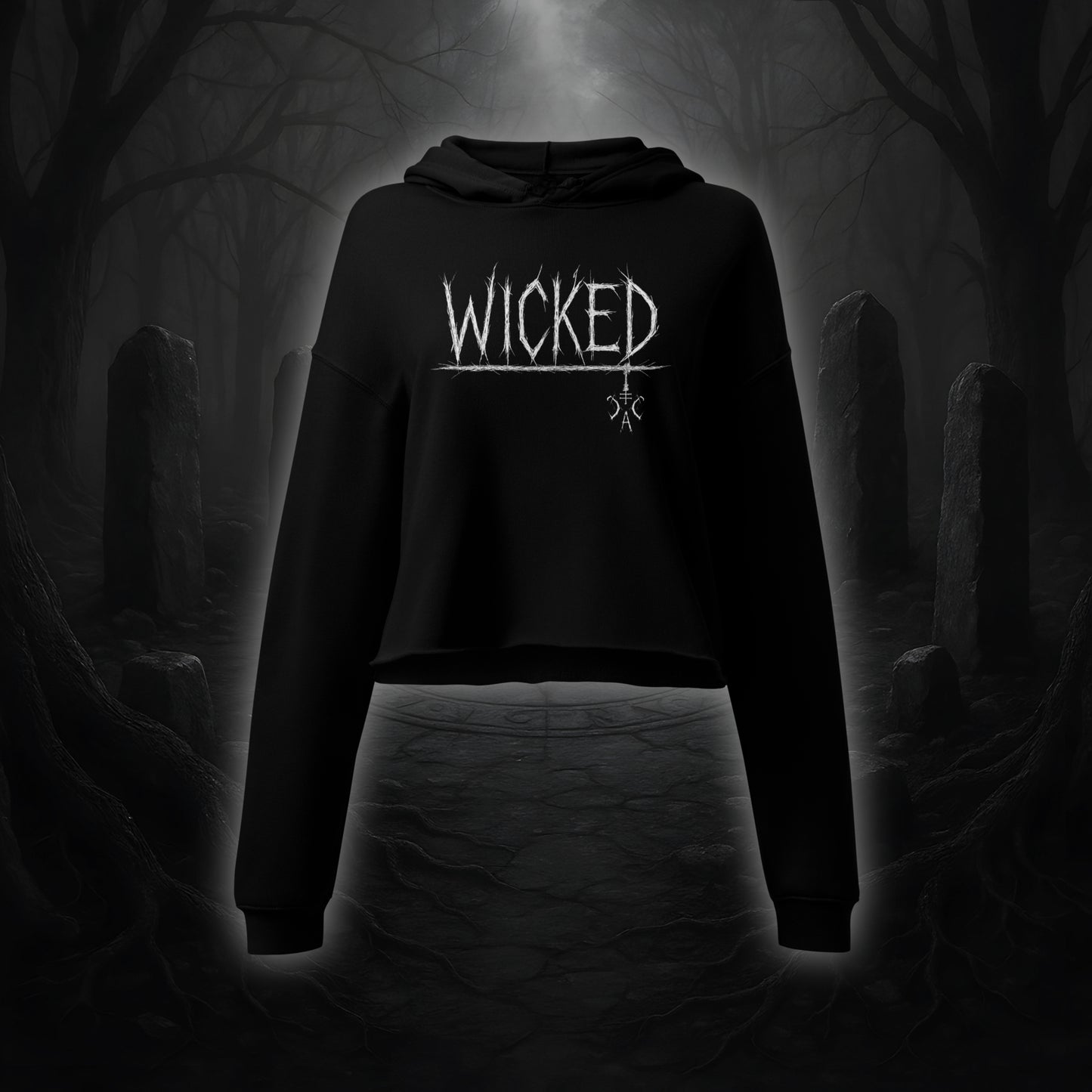 Schwarzer Crop Hoodie mit weißem Cultural Carnage Statement „WICKED“ im Attitude-Design