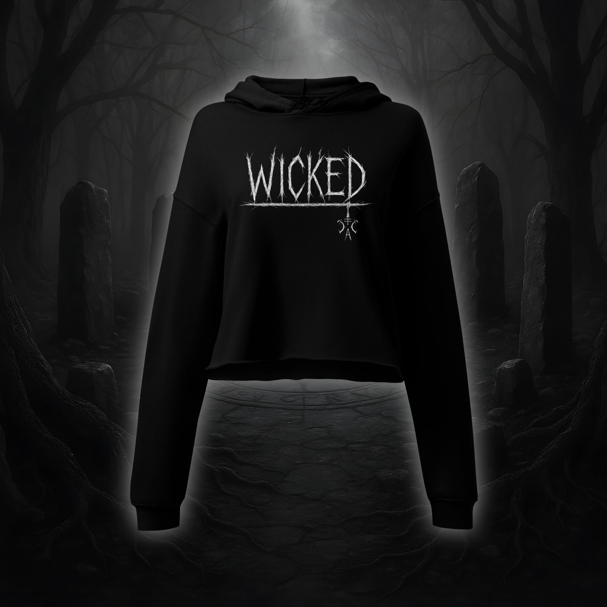 Schwarzer Crop Hoodie mit weißem Cultural Carnage Statement „WICKED“ im Attitude-Design