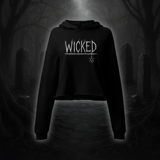 Schwarzer Crop Hoodie mit weißem Cultural Carnage Statement „WICKED“ im Attitude-Design