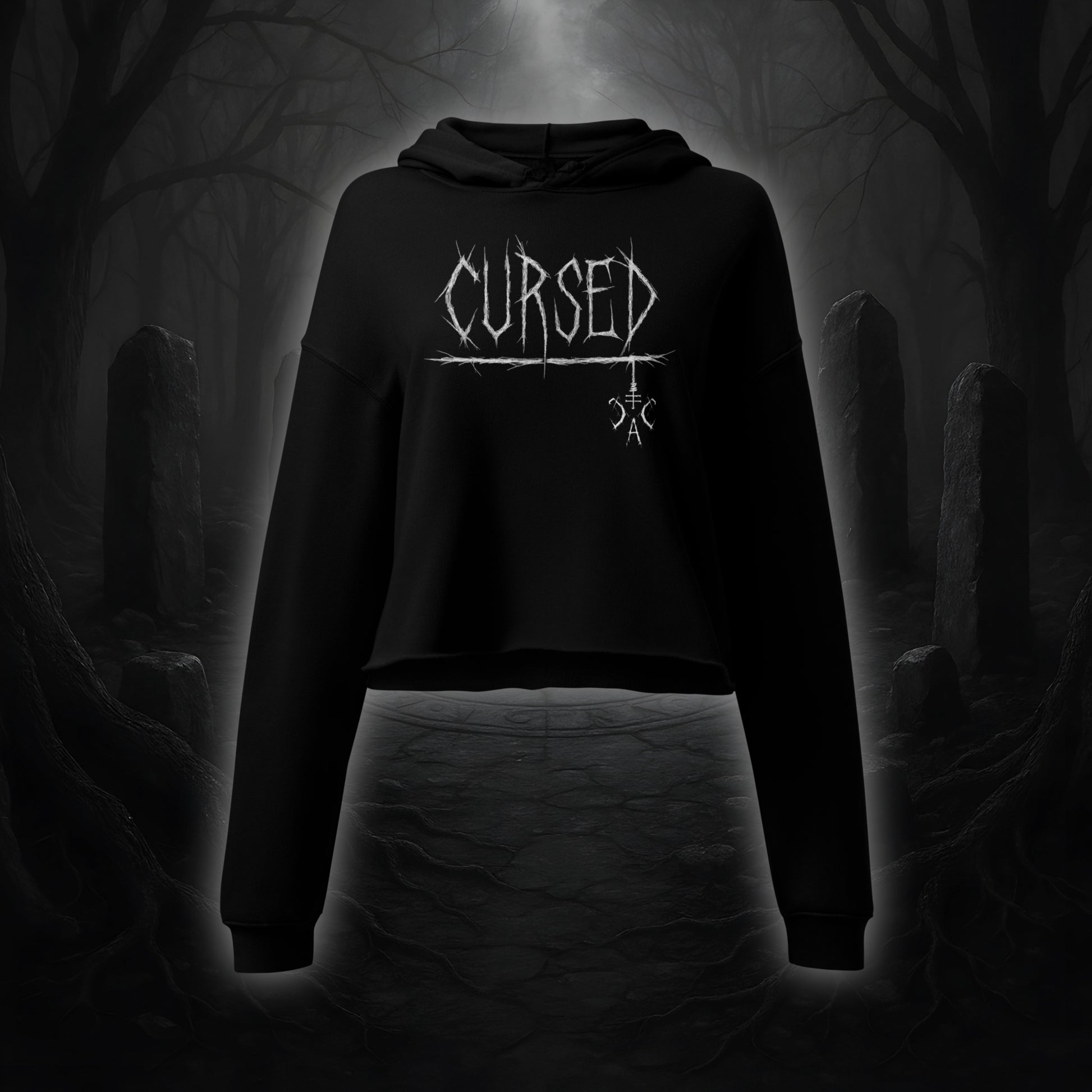 Schwarzer Crop Hoodie mit weißem Cultural Carnage Statement „CURSED“ im Attitude-Design