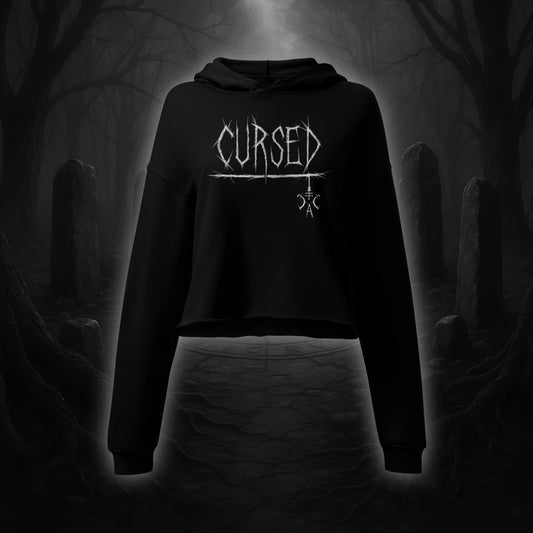 Schwarzer Crop Hoodie mit weißem Cultural Carnage Statement „CURSED“ im Attitude-Design