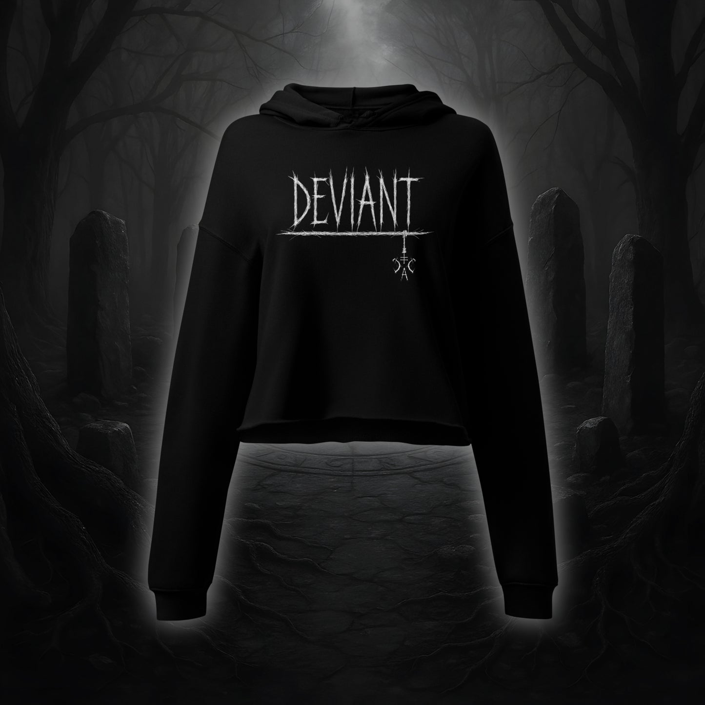 Schwarzer Crop Hoodie mit weißem Cultural Carnage Statement „DEVIANT“ im Attitude-Design