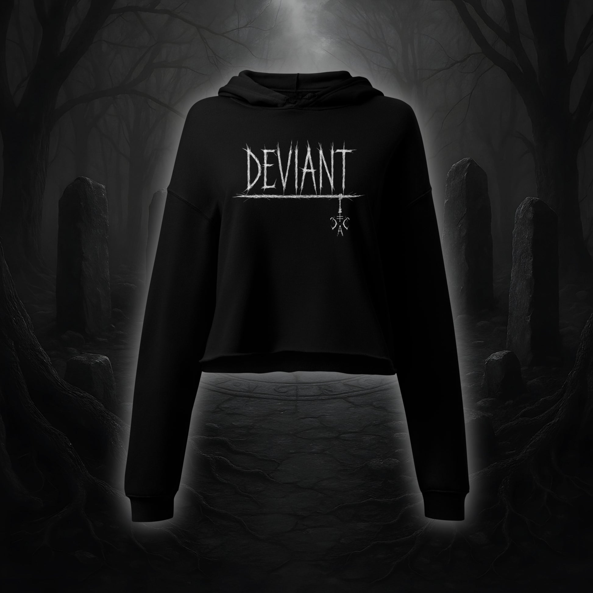 Schwarzer Crop Hoodie mit weißem Cultural Carnage Statement „DEVIANT“ im Attitude-Design