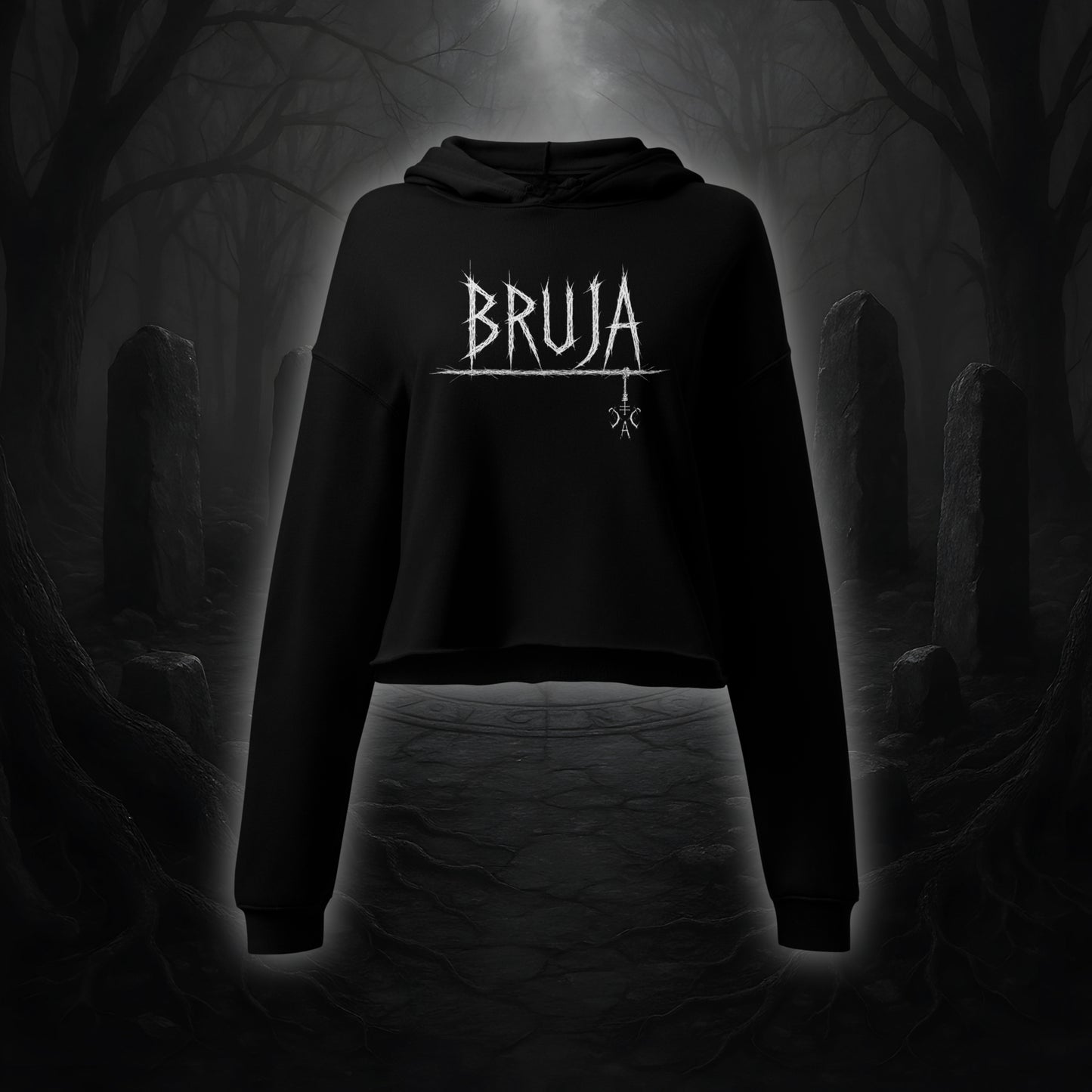 Schwarzer Crop Hoodie mit weißem Cultural Carnage Statement „BRUJA“ im Attitude-Design